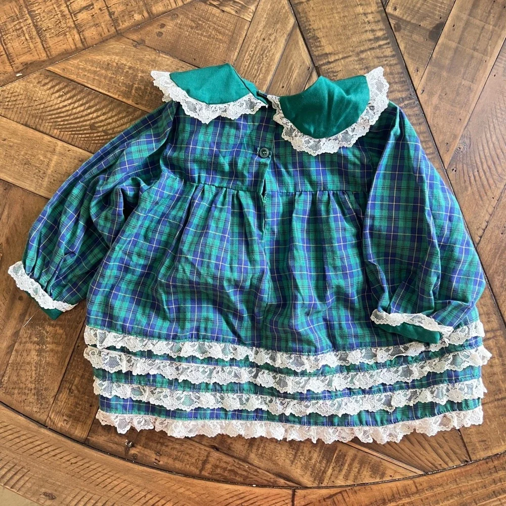 Plaid Lace Ruffle Dress‎ Girls 2T Green Tartan Prairie Cottagecore